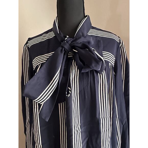 Vtg Chez California Designed By Tandy Navy White Striped Collar Neck Tie Dress - Picture 4 of 13
